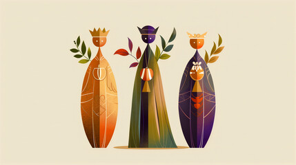 A stylized clipart depiction of the Three Wise Men holding gifts, featuring minimalist designs and warm colors. This illustration captures the traditional Christmas scene in a modern style.