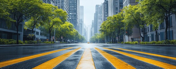 Empty city street with yellow lines and tall buildings in the background, a perspective shot of the asphalt.