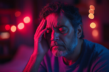 A middle-aged man sitting on the edge of a bed, pressing his forehead with red highlighting intense migraine pain.