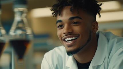 Obraz premium The image shows a young man in a white lab coat with equipment and a microscope surrounded by a laboratory setting.