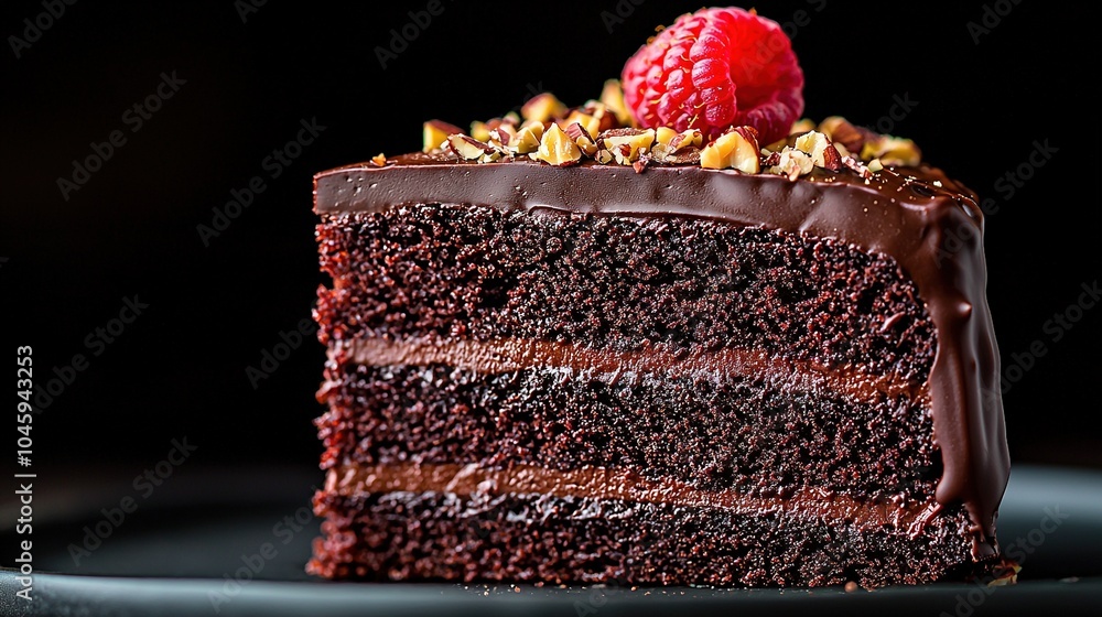 Poster a slice of chocolate cake with chocolate frosting and a raspberry on top