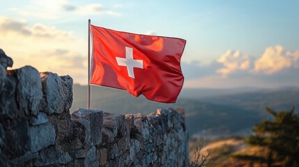 Georgia flag proudly displayed in front of a historical stone wall, blending tradition and resilience.