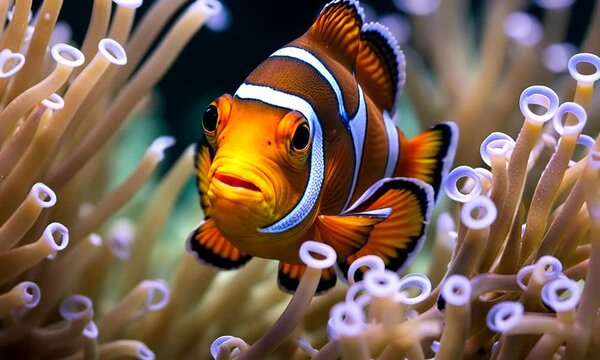 A Nemo fish plays hide and seek amongst the moving tentacles of a soft Sea Anemone. Clownfish or Anemonefish in Aquarium concept. 4k super slow motion 120 fps raw cinematic video