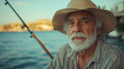 Obraz premium Greek elderly man with a fishing rod, looking peaceful