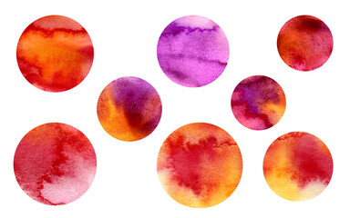 Multicolored watercolor elements painted on paper. Set. Circle Frames of background. Hand drawn collection in watercolor spots. Wet Paper texture, spreading paint. A decorative element for design and 