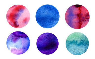 Multicolored watercolor elements painted on paper. Set. Circle Frames of background. Hand drawn collection in watercolor spots. Wet Paper texture, spreading paint. A decorative element for design and 