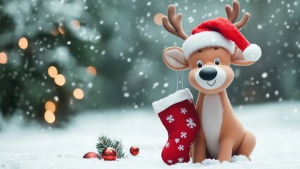 Adorable animated reindeer wearing a Santa hat sitting in snow, with a Christmas stocking beside, capturing a festive and cute holiday scene