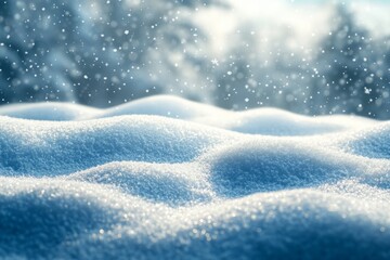Freshly fallen snow with a slight blur of a forest in the background.