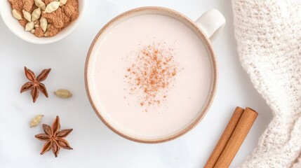 Cozy chai latte with spices and cinnamon on a soft white background