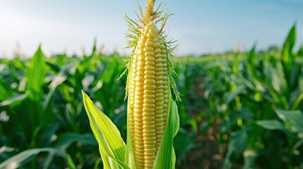 Golden corn cob in vibrant green field on a sunny day