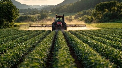 Naklejka premium Tractor spray fertilize field with insecticide herbicide chemicals in agriculture field