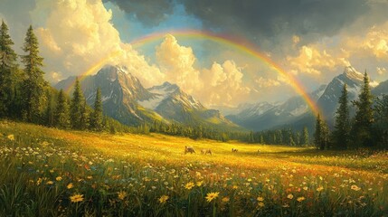 Obraz premium Meadow with a rainbow after a summer rain