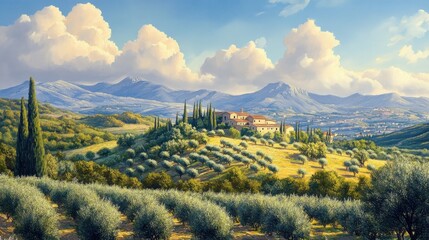 Mediterranean landscape with rolling hills and olive orchards