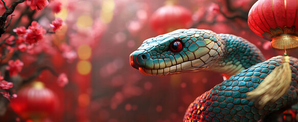 A striking green and blue snake among cherry blossoms and lanterns during a vibrant spring festival celebration