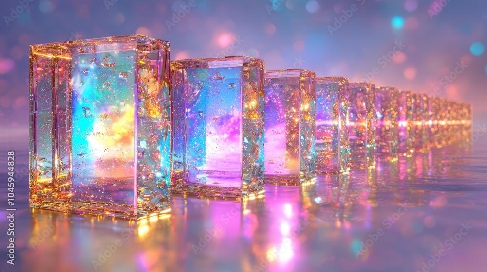 Poster colorful array of abstract glass blocks with glitter and light effects