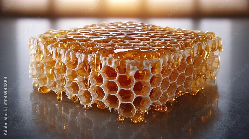 Poster a close-up of a honeycomb filled with honey on a table with a window in the background