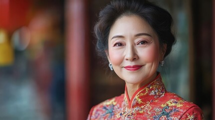 Obraz premium Middle-aged Chinese woman with a traditional dress and kind eyes.