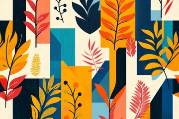 Stylized botanical elements combined with geometric shapes in a modern collage style, featuring vibrant colors of orange, blue, and red on a contrasting background