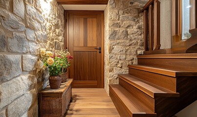 Wooden staircase and stone cladding wall in rustic hallway. Cozy home interior design of modern entrance hall with door