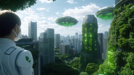 Futuristic green cityscape with eco-friendly technology and urban nature integration