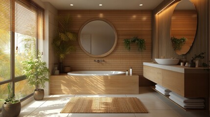 Modern bathroom with a blank mirror frame.