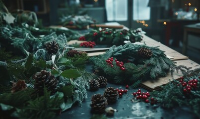 Making Christmas wreaths from natural greenery, pinecones, and berries, with all materials spread out in a workshop