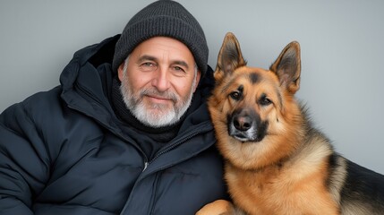 Warm bond between elderly man and german shepherd in cozy winter attire