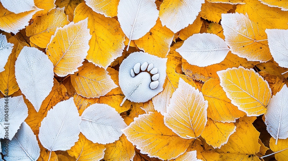 Poster a close-up image of a leaf-covered ground with a paw and paw prints at its base