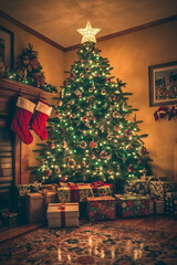 Fototapeta premium A beautifully decorated Christmas tree with gifts beneath it in a cozy living room during the holiday season