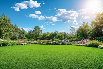 Lush green grass lawn with blooming flowers in a beautiful park on a sunny day.