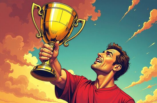 Athlete raised his hand holding a golden sports cup, award and victory concept