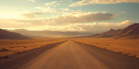 Endless desert road at sunset with majestic mountain range and dramatic sky