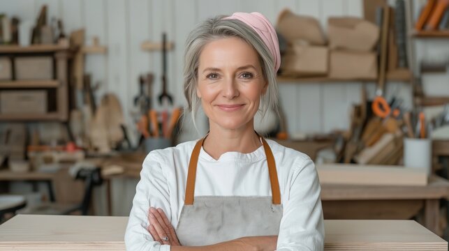 Confident female carpenter in workshop embracing craftsmanship and creativity