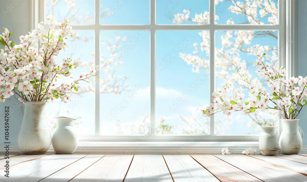 Poster white wood table with large spring window and copy space
