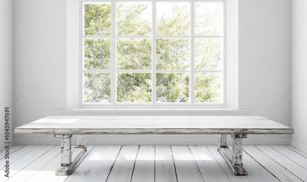 Poster white wood table with large spring window and copy space