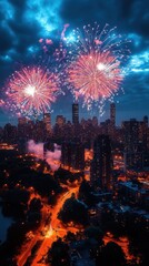 Vibrant fireworks illuminate a bustling city skyline against a dramatic twilight sky.