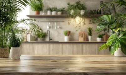 Natural wood table top adorned with lush green plants and a vase amidst a blurred kitchen counter background with cabinets and wall decorations.