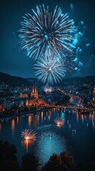 Fototapeta premium Vibrant fireworks illuminate a city's night sky, reflecting beautifully over the river below.