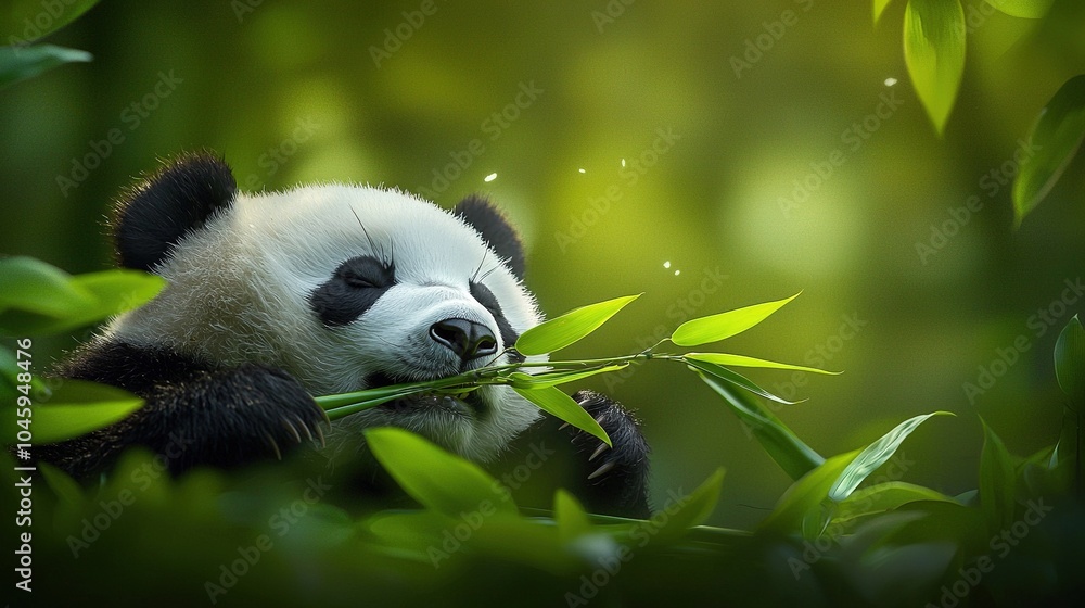 Poster a black-and-white panda nibbles bamboo in a verdant leafy forest with hazy background trees