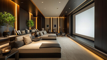 a contemporary home theater with a retractable