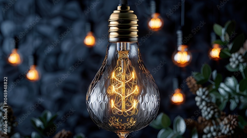 Aufkleber a light bulb hangs from the ceiling with multiple other lights above it, while pine cones dangle fro