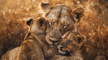 Female Lion With Two Cubs in its natural habitat.