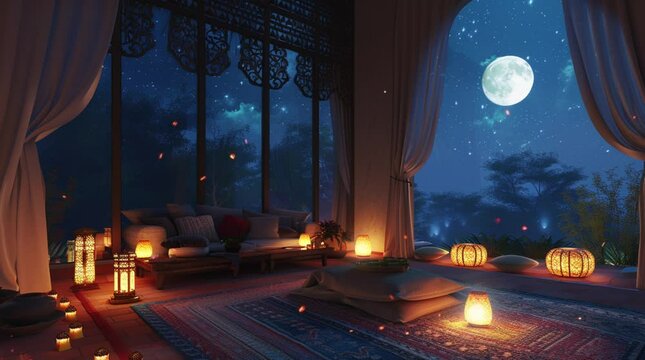 Cozy warm room with glowing lamps and full moon outside dark window
Seamless looping 4k time-lapse virtual video animation Generated AI