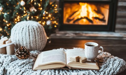 One cup and a book near the fireplace winter concept