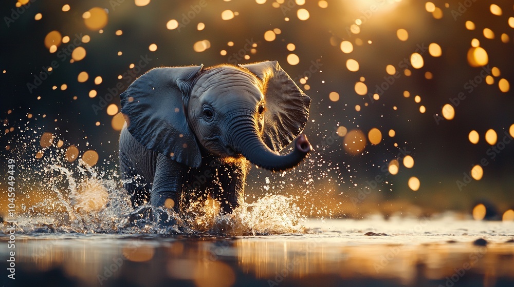 Poster an elephant splashes in the water against a backdrop of bokeh lights and water droplets, creating a 