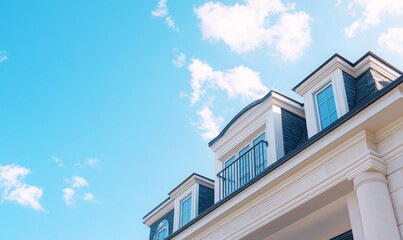 Obraz premium Vinyl soffit fascia and eavestrough installed on a building with blue sky background