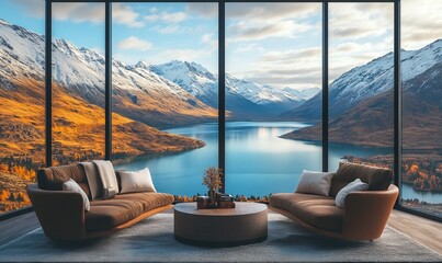 view from the top of the mountain. room with furniture, luxury hotel room, interior of a house, living room. mountain and lake view