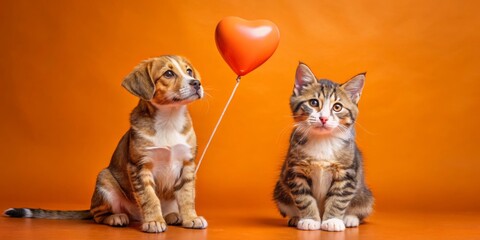 Fototapeta premium Puppy and Kitten with Heart Balloon, orange background, cute, pets, friendship, love, animals