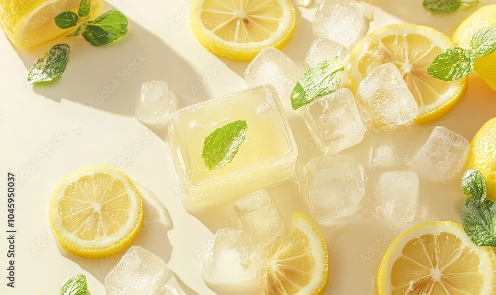 Poster refreshing lemonade banner with ice cubes and fresh lemon slices on a light background for summer ga