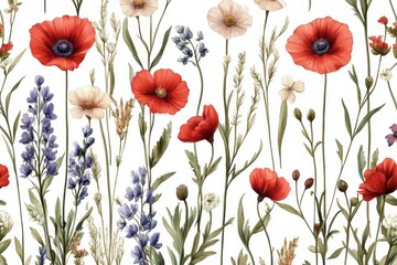 Fototapeta premium Seamless watercolor pattern of red poppies, white wildflowers, and blue lupines.
